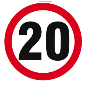 Znak na drogach wewnętrznych „Ograniczenie prędkości do 20 km/h”.