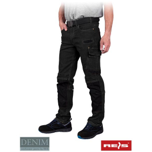 Elastyczne spodnie ochronne do pasa wykonane z jeansu.