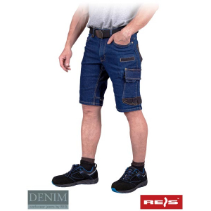 Elastyczne spodnie ochronne do pasa z krótkimi nogawkami wykonane z jeansu.