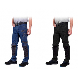 Elastyczne spodnie ochronne do pasa wykonane z jeansu.